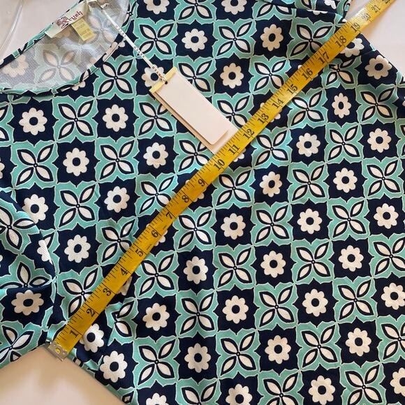 Aryeh NEW Geo Floral Border Dress Women's Large Teal Navy Bell Sleeves Flowy NWT - Picture 8 of 9